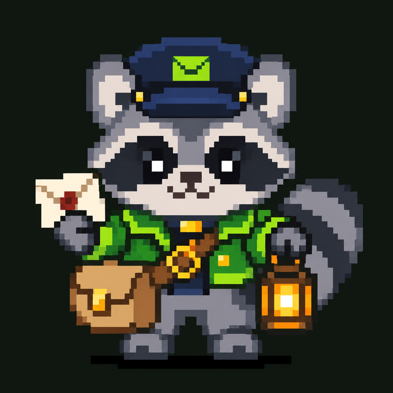 Pixel raccoon courier MOSS in a green post uniform